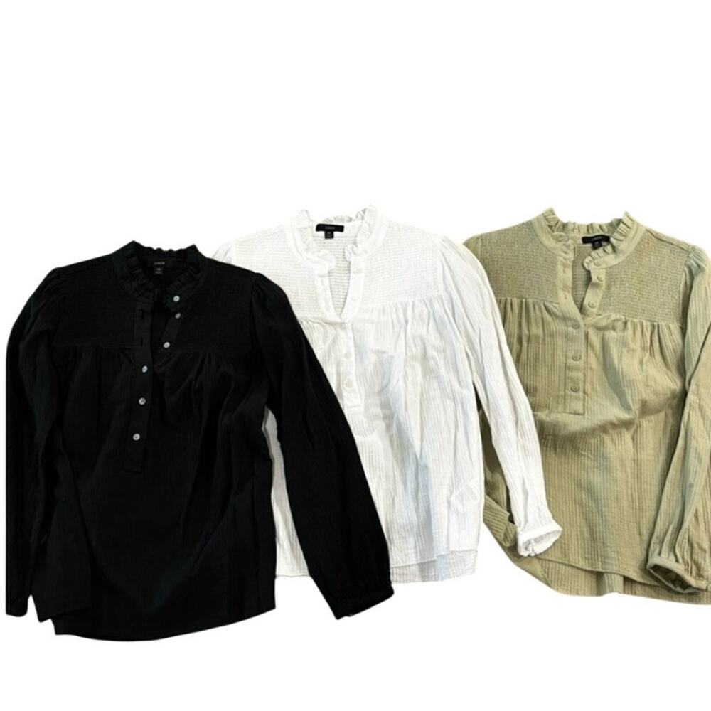 J.Crew Women’s Blouse Lot of 3 XS Black White Green Smocked Ruffle Cotton Tops